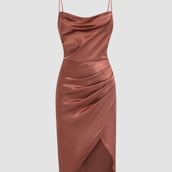 cider solid satin slit midi dress Cider Solid Satin Ruched Midi Dress XS NWT